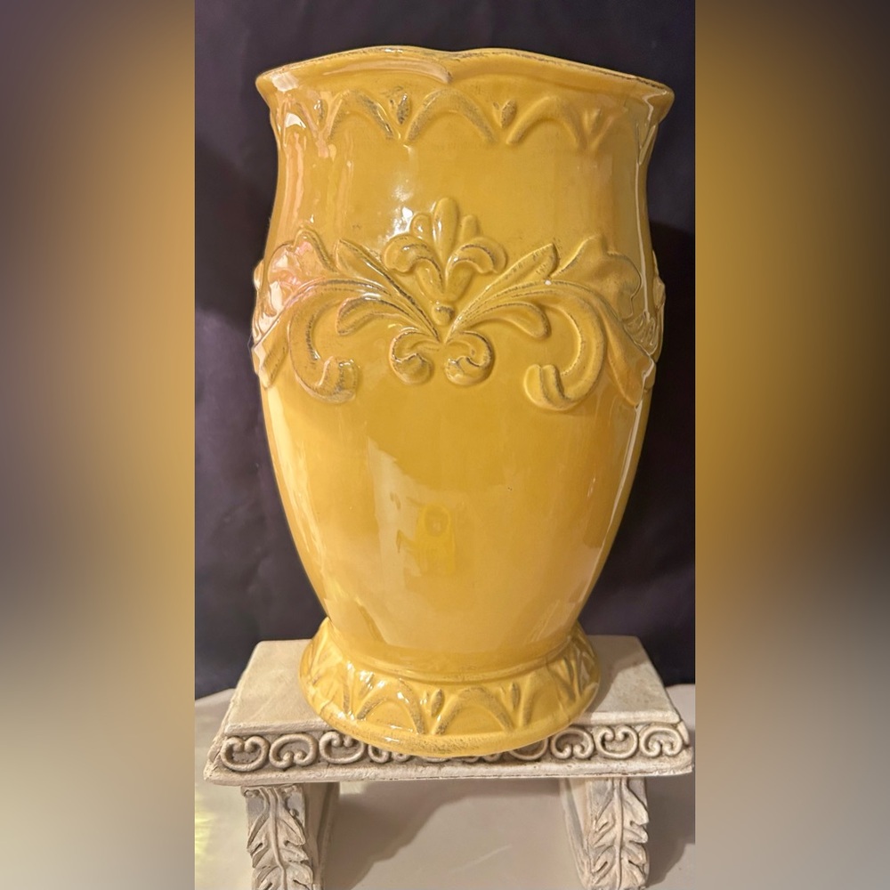 Certified International mustard yellow jar, vase. 9.25”H